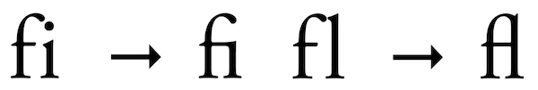 The letters f and i are displayed as individual characters typeset next to one another and then displayed as a ligature combined into one character. The letters f and l are displayed as individual characters typeset next to one another and then displayed as a ligature combined into one character.