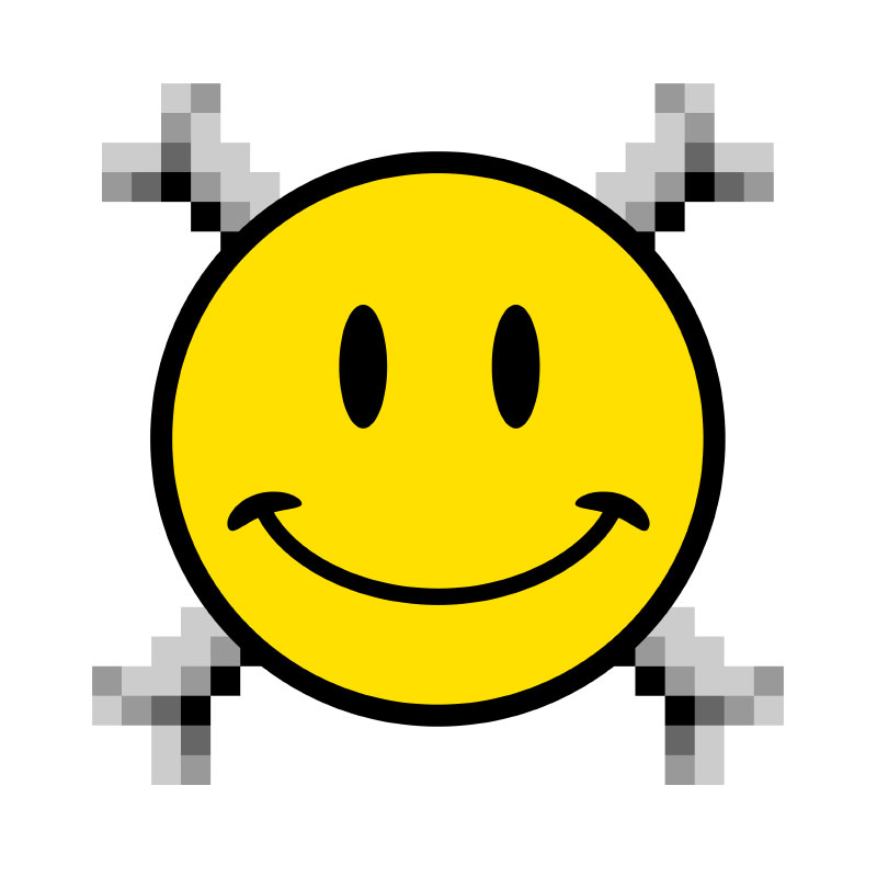 A large yellow smiley face over highly pixelated crossed bones