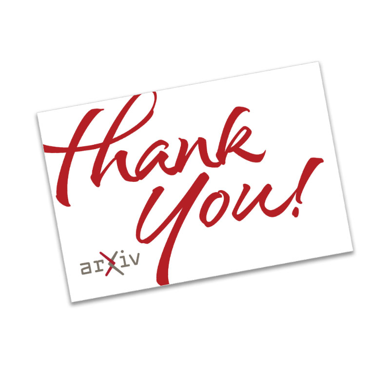 Cheerful arXiv thank you card in a red script typeface