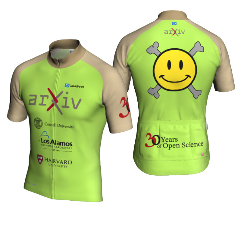 A cycling jersey in Access Lime color, with our logo on the front and our smileybones icon on the back