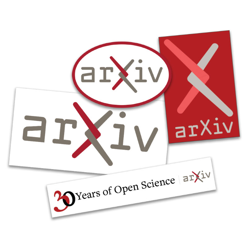 An assortment of arXiv themed stickers in different colors and sizes