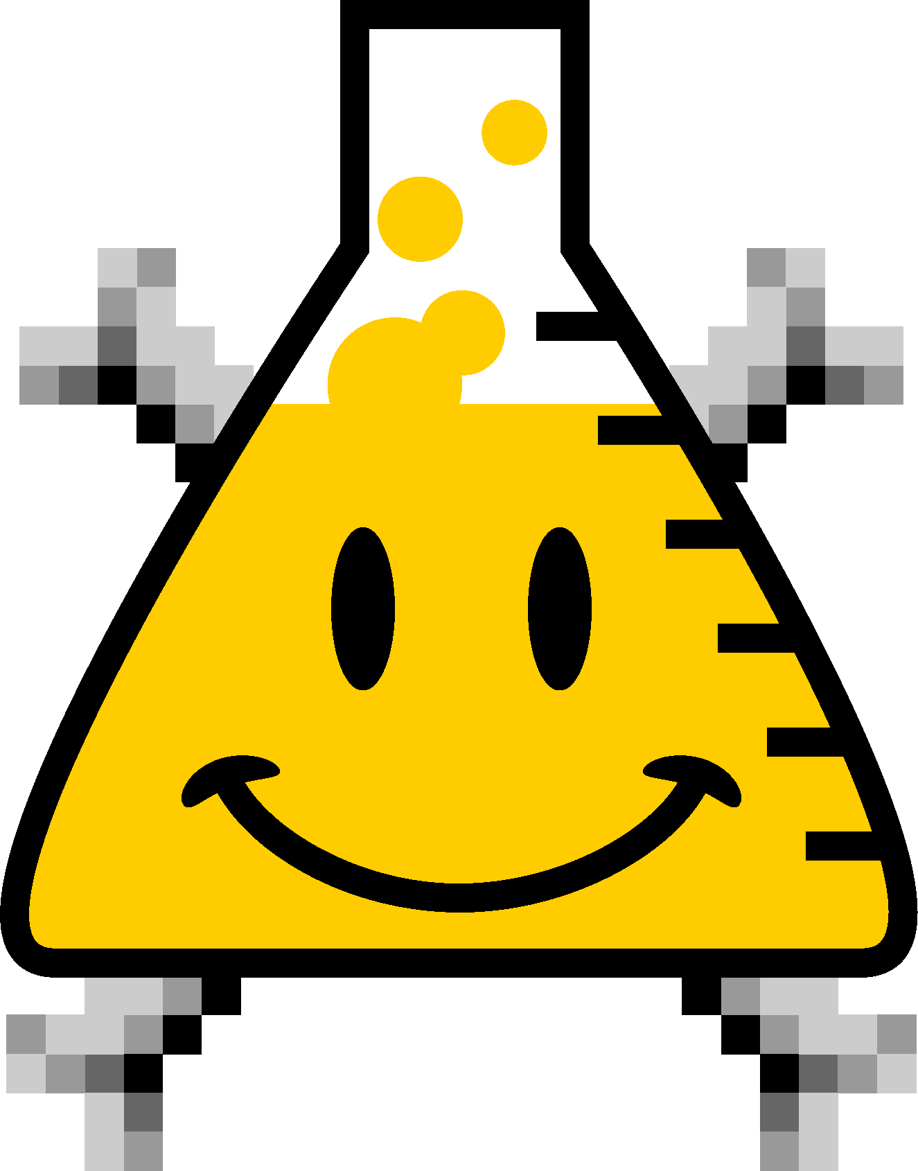 a bubbling beaker with a smiling face and crossedbones behind it
